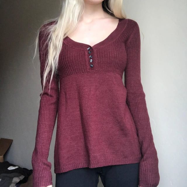 Plain V-Neck A-Line Long Sleeve Knit Top
