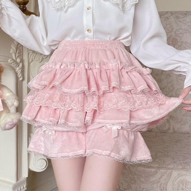 Lace Trim High Waist Mini Layered Skort