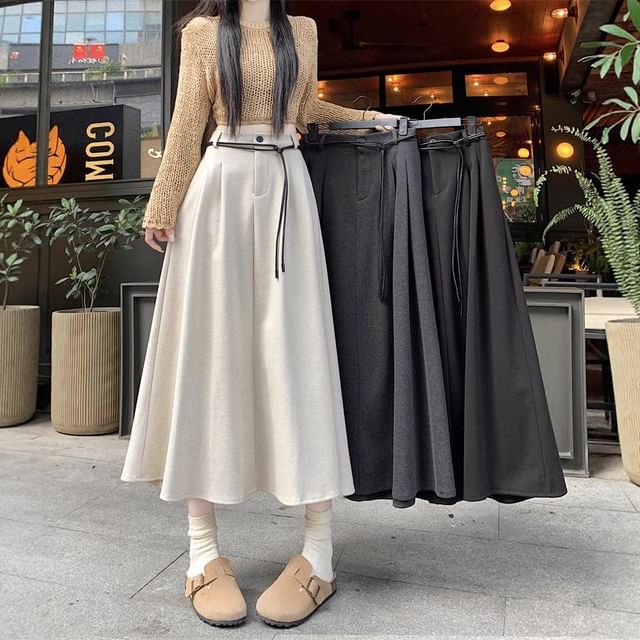 Plain Pleated Midi A-Line Skirt with High Rise