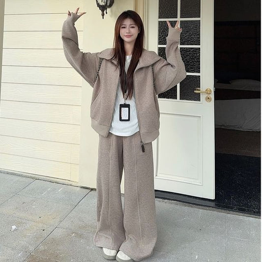 Zip-Up Jacket, Mock Neck Half Zip Cropped Pullover, and High Rise Baggy Pants