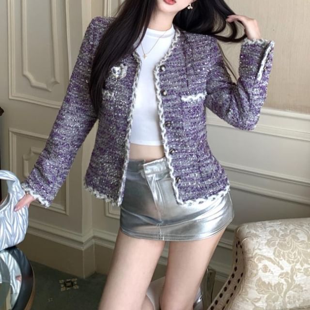 Round Neck Melange Glitter Tweed Button Jacket