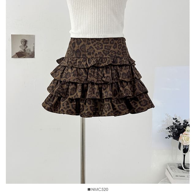 Leopard Print Layered Mini A-Line Skirt High Waist
