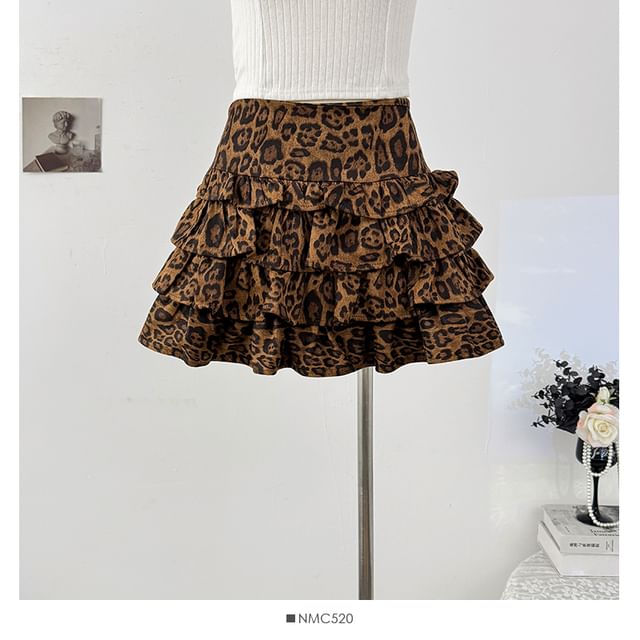 Leopard Print Layered Mini A-Line Skirt High Waist