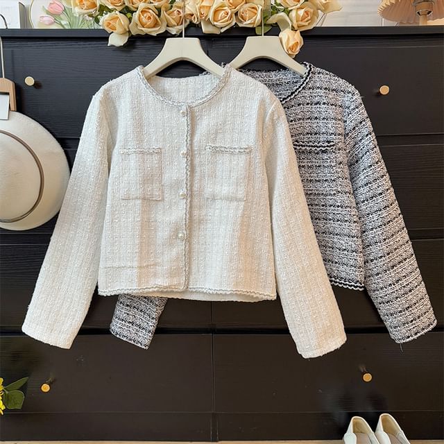 Long Sleeve Round Neck Tweed Jacket