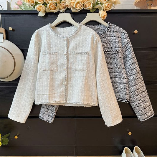 Long Sleeve Round Neck Tweed Jacket