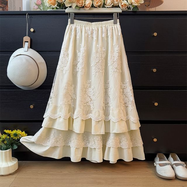 Lace Panel Layered Maxi A-Line Skirt High Waist