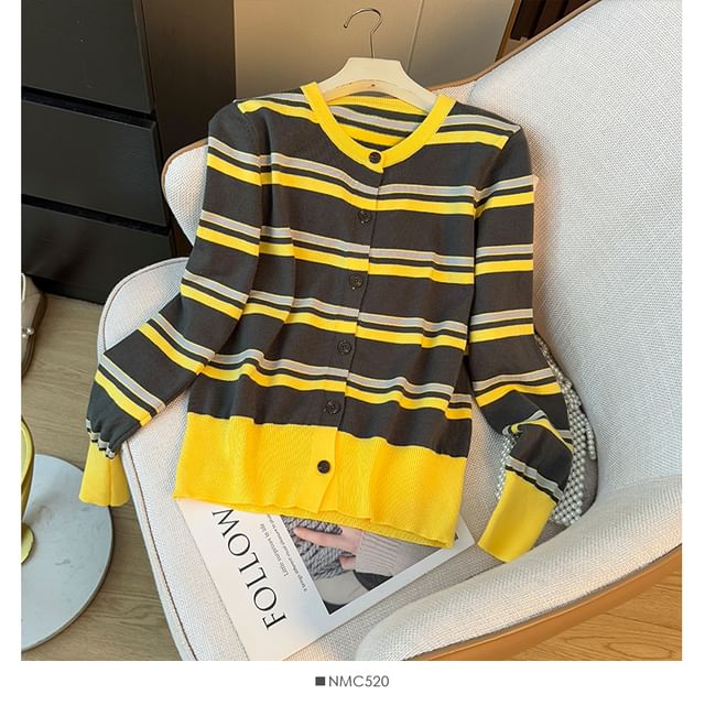 Long Sleeve Crew Neck Striped Cardigan
