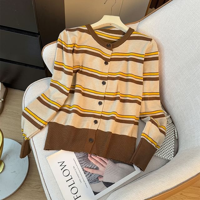 Long Sleeve Crew Neck Striped Cardigan