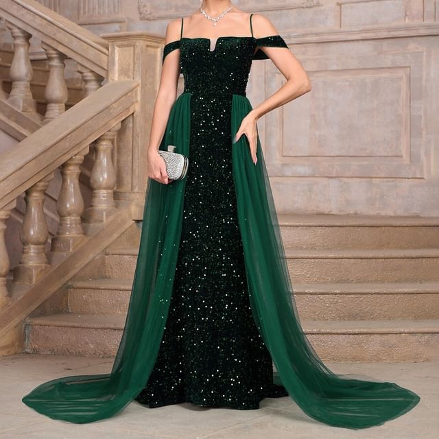 Spaghetti Strap Sequin Mesh Panel Maxi A-Line Dress