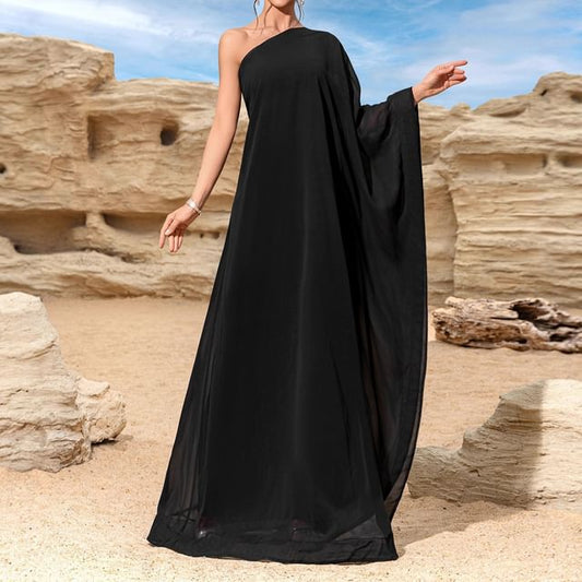 Batwing-Sleeve One-Shoulder  Plain Maxi A-Line Dress