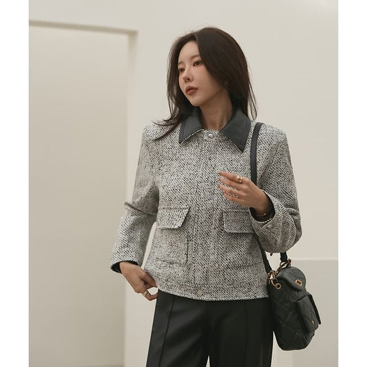 Pleather-Collar Tweed Jacket