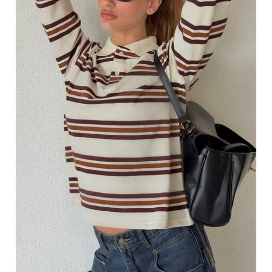Striped Loose-Fit Long Sleeve Polo Top
