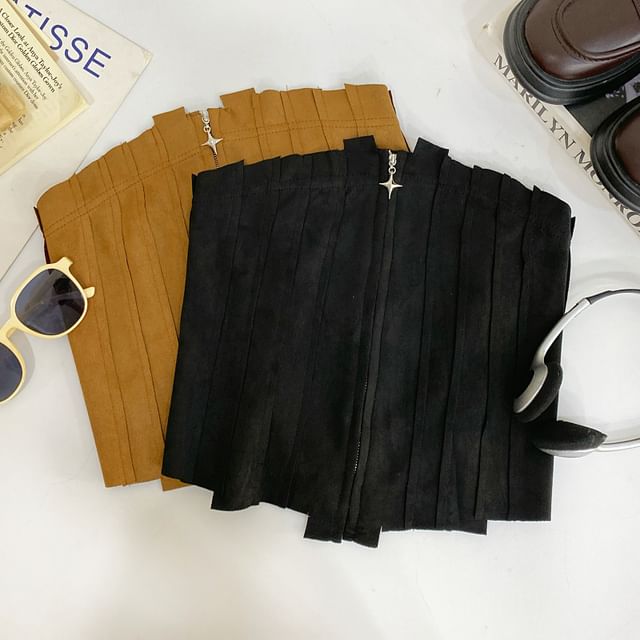 Faux Suede Asymmetrical Zip-Front Cropped Tube Top