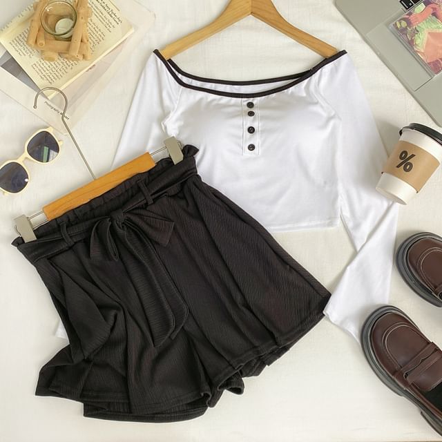 Off-Shoulder Padded Crop Tee & High Waist Wide Leg Shorts Set