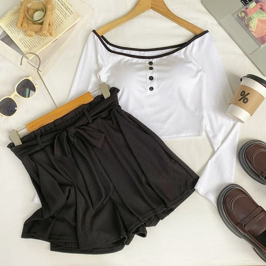 Off-Shoulder Padded Crop Tee & High Waist Wide Leg Shorts Set