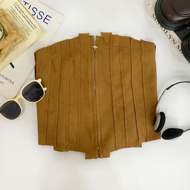 Faux Suede Asymmetrical Zip-Front Cropped Tube Top