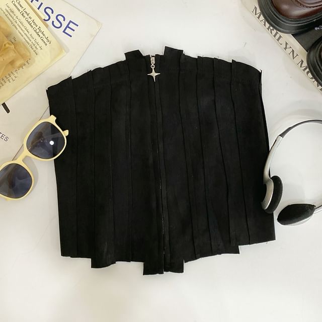 Faux Suede Asymmetrical Zip-Front Cropped Tube Top