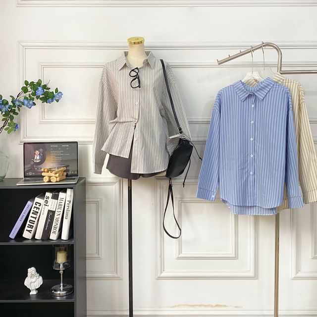 Button-Front Striped Shirt with Long Sleeves