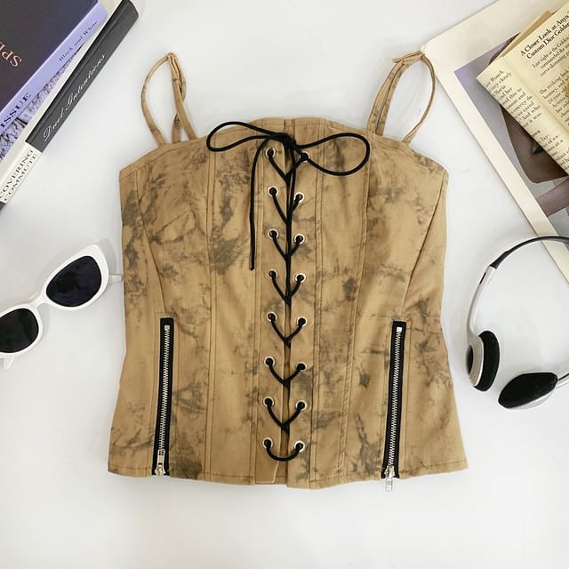 Tie Dye Zip Slit Lace-Up Cropped Camisole Top