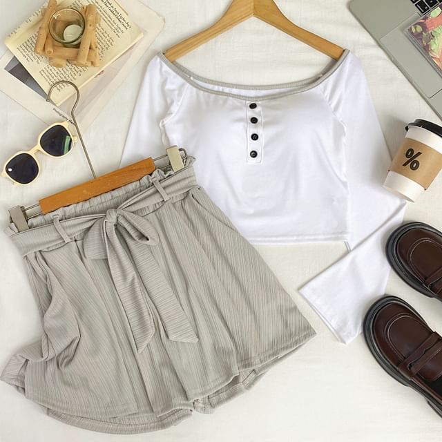 Off-Shoulder Padded Crop Tee & High Waist Wide Leg Shorts Set