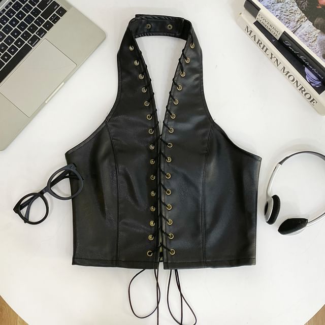 Halter V-Neck Lace-Up Open Back Faux Leather Crop Top
