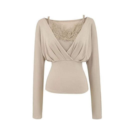 Ruched V-Neck Slim Top & Lace Panel Crop Cami Set Long Sleeve