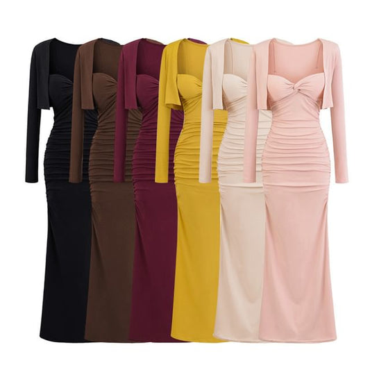 Set: Plain Open Front Crop Cardigan + Spaghetti Strap V-Neck Ruched Maxi Bodycon Dress