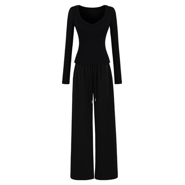 V-Neck Crop Tee & Wide Leg Sweatpants with Drawstring Set