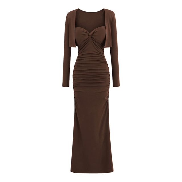 Set: Plain Open Front Crop Cardigan + Spaghetti Strap V-Neck Ruched Maxi Bodycon Dress