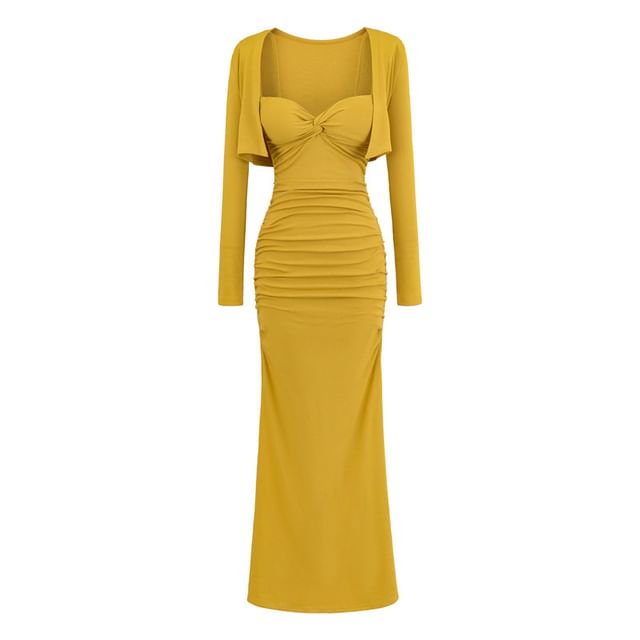Set: Plain Open Front Crop Cardigan + Spaghetti Strap V-Neck Ruched Maxi Bodycon Dress