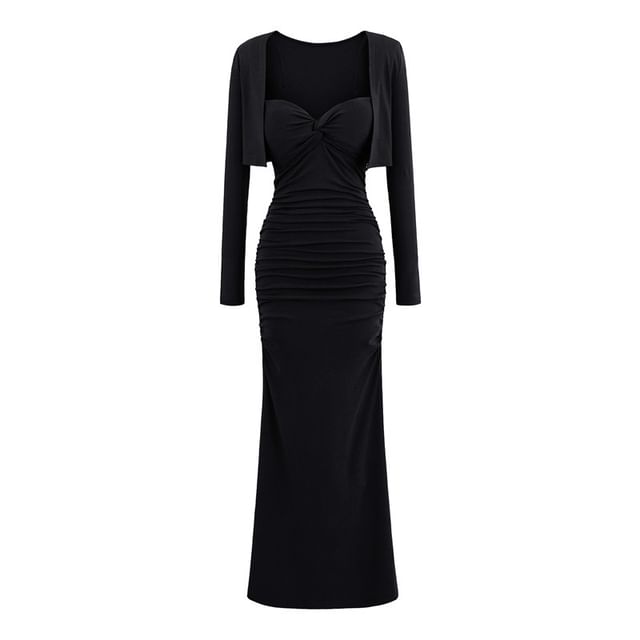 Set: Plain Open Front Crop Cardigan + Spaghetti Strap V-Neck Ruched Maxi Bodycon Dress