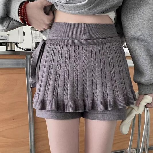 Set: Elastic Waist Knit Shorts and Cable Knit Wrap Skirt