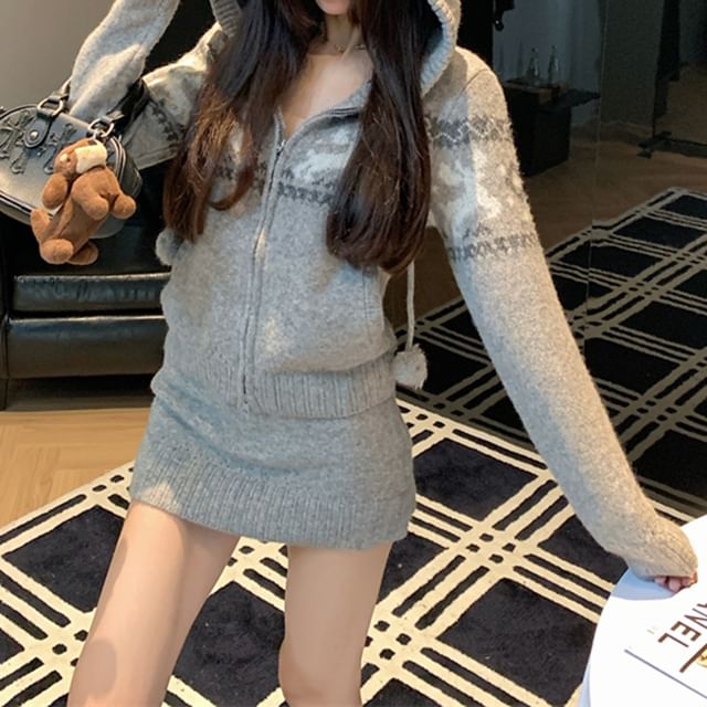 Jacquard Drawstring Hooded Cardigan and Knit Pencil Skirt Set