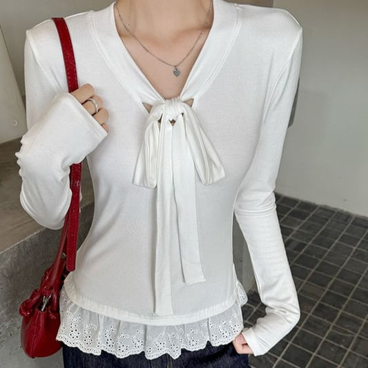 V-Neck Long-Sleeved Tee with Tie-Front and Eyelet Trim