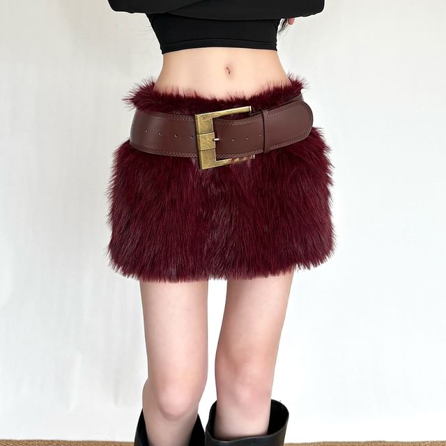 Low Waist Furry Mini Pencil Skirt with Faux Leather Belt