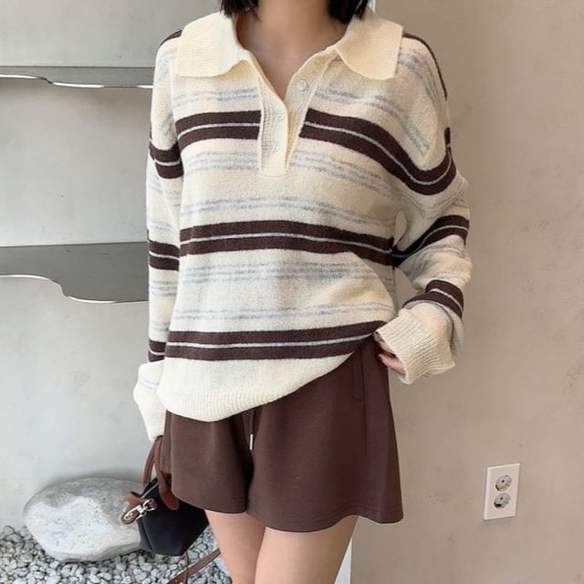 Striped Sweater with Collar and Henley Neckline