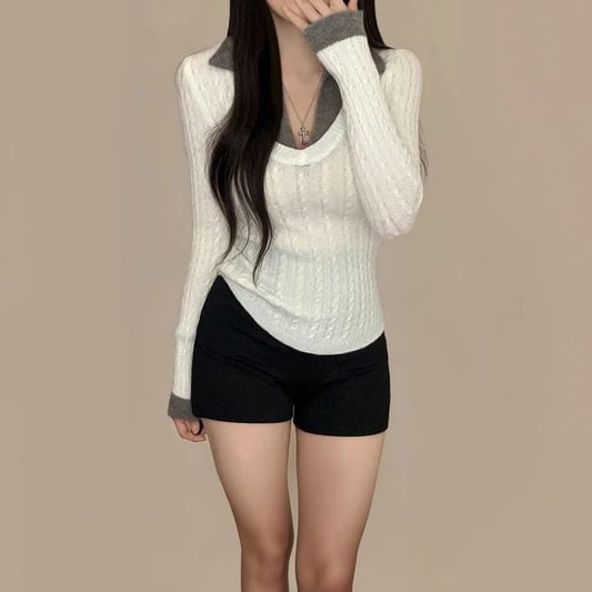 Mock Two-Piece Cable Knit Top with Long Sleeves, V-Neck, and Collar
