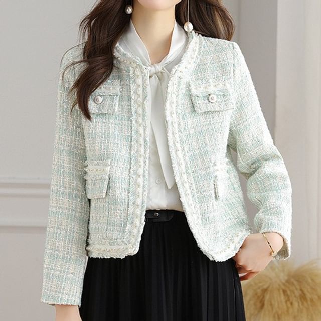 Round Neck Tweed Open Front Jacket