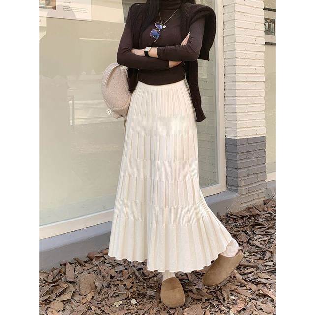 Ribbed Knit Maxi A-Line Skirt High Waist