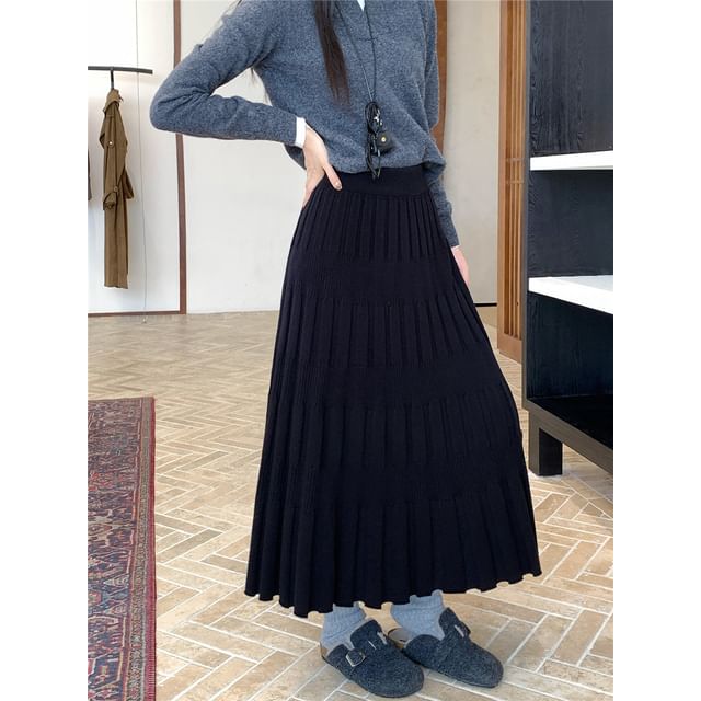 Ribbed Knit Maxi A-Line Skirt High Waist