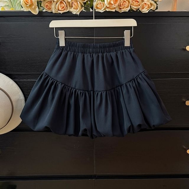 Elastic Waist Mini Bubble Skirt in Plain