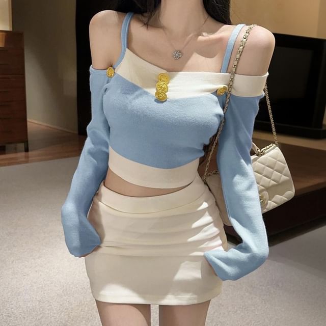 Two-Tone Asymmetrical Cold Shoulder Cropped Knit Top