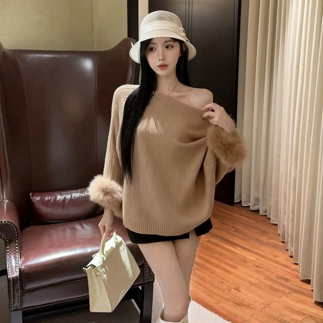 Batwing-Sleeve Sweater with Boat Neck, Fluffy Cuffs, and Plain Design