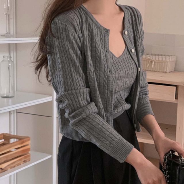 Cable Knit V-Neck Cami & Crewneck Cardigan Two-Piece Set