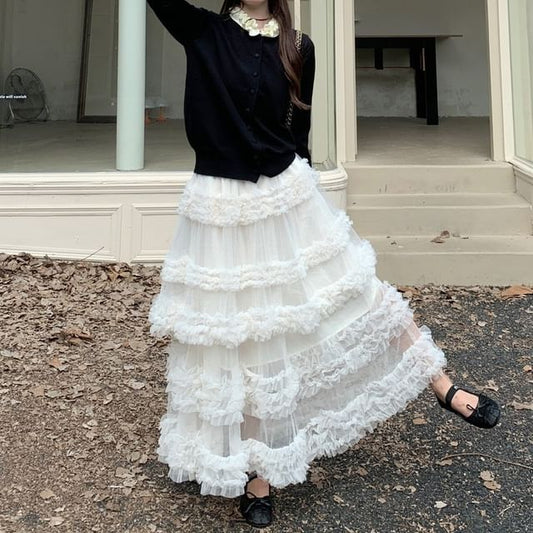 Two Tone Ruffle Cardigan and Tiered Mesh Maxi Skirt
