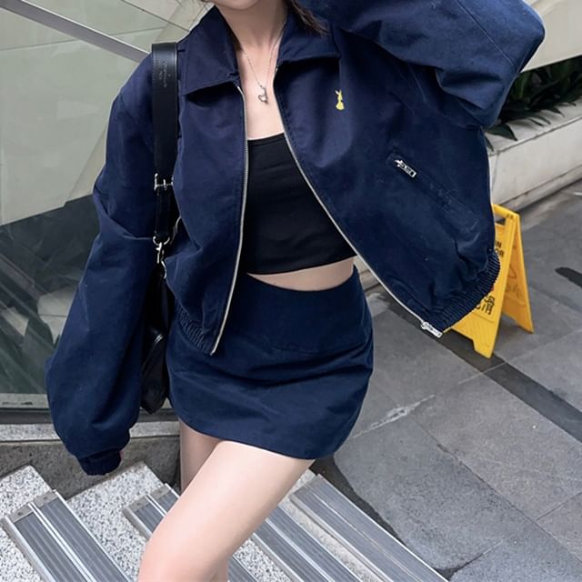 Collared Zip Jacket and Mini A-Line Skirt