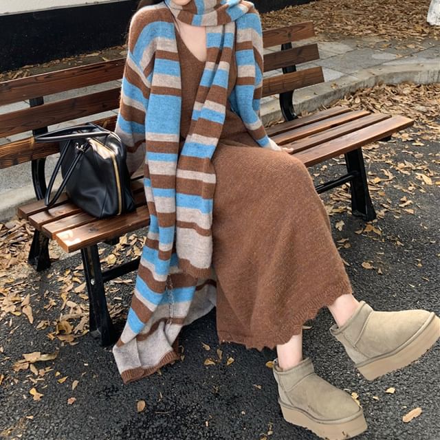 Striped Cardigan / Scarf / V-Neck Plain Knit Maxi A-Line Dress / Set