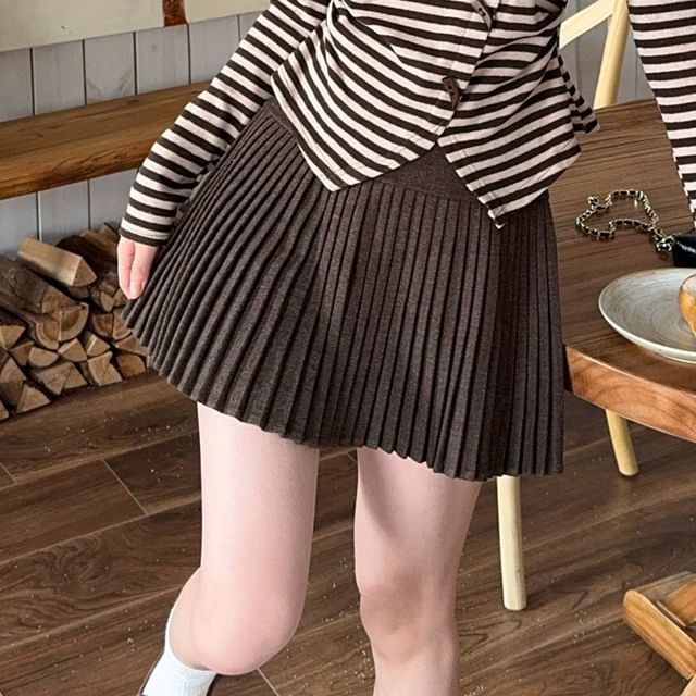 One Shoulder Striped Top and Pleated Mini Skirt