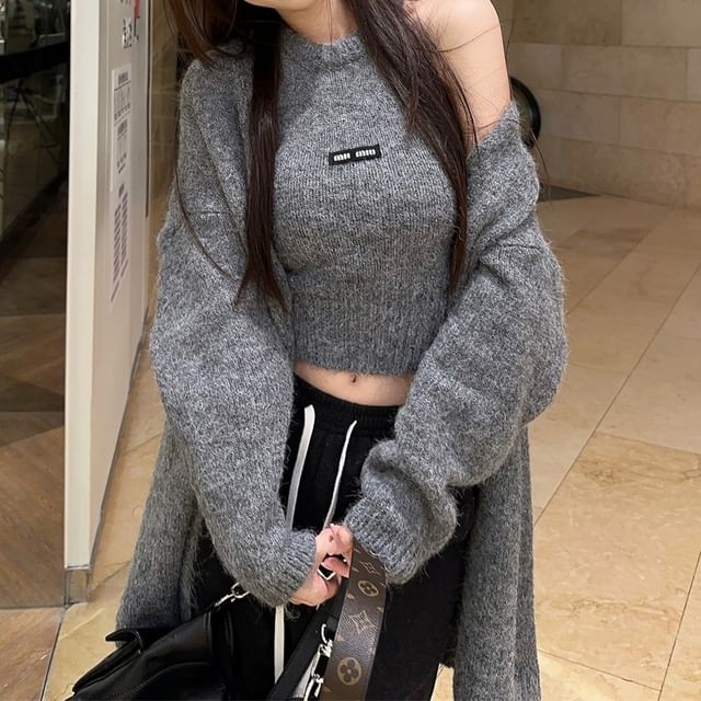 Set: Crew Neck Plain Knit Tank Top + Open Front Cardigan