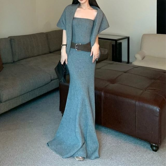 Set: Plain Cardigan + Strapless Knit Maxi A-Line Dress